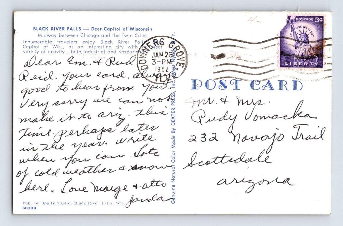 Black River Falls Wisconsin Downtown Welcome Hunters 1962 Postcard Posted