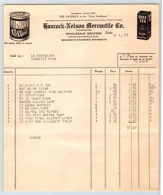 Minneapolis Minnesota 1927 Hancock Nelson Mercantile Billhead 8 x 9