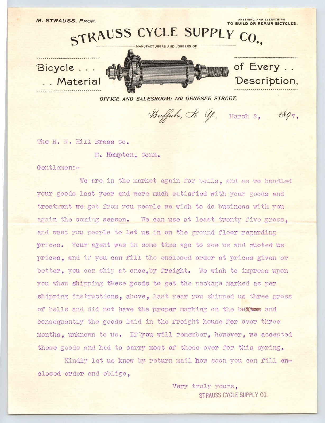 Strauss Cycle Supply Buffalo New York 1897 Bicycle Letterhead 8.5 x 11