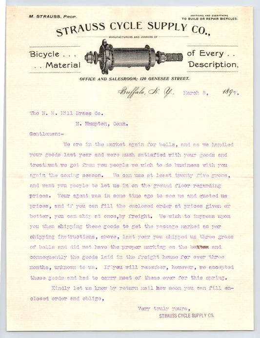 Strauss Cycle Supply Buffalo New York 1897 Bicycle Letterhead 8.5 x 11