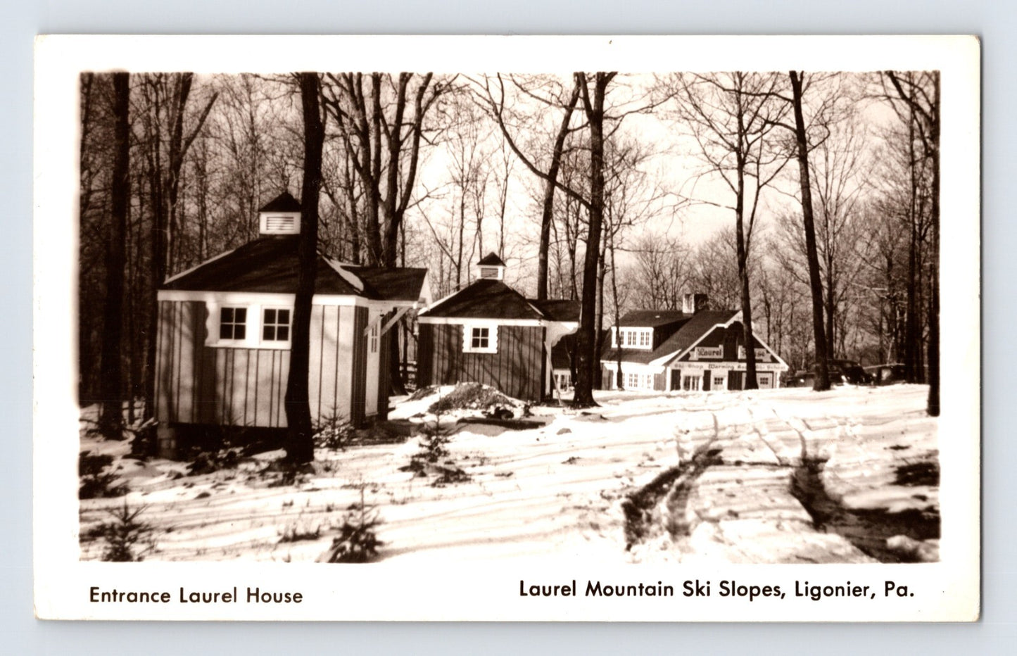 Laurel Mountain Ski Slopes Ligonier Pennsylvania Entrance Laurel House winter cabins 1940s postcard