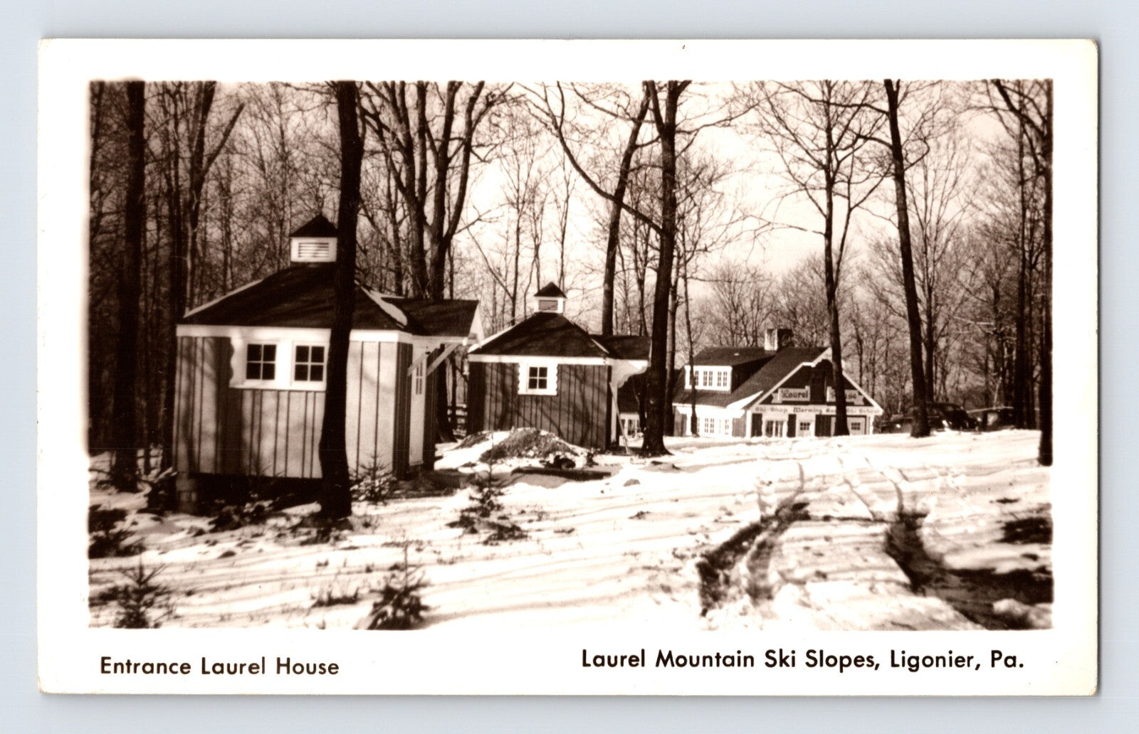 Laurel Mountain Ski Slopes Ligonier Pennsylvania Entrance Laurel House winter cabins 1940s postcard