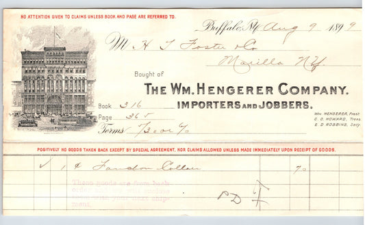 Buffalo New York 1899 William Hengerer Importer Billhead 8.5 x 5