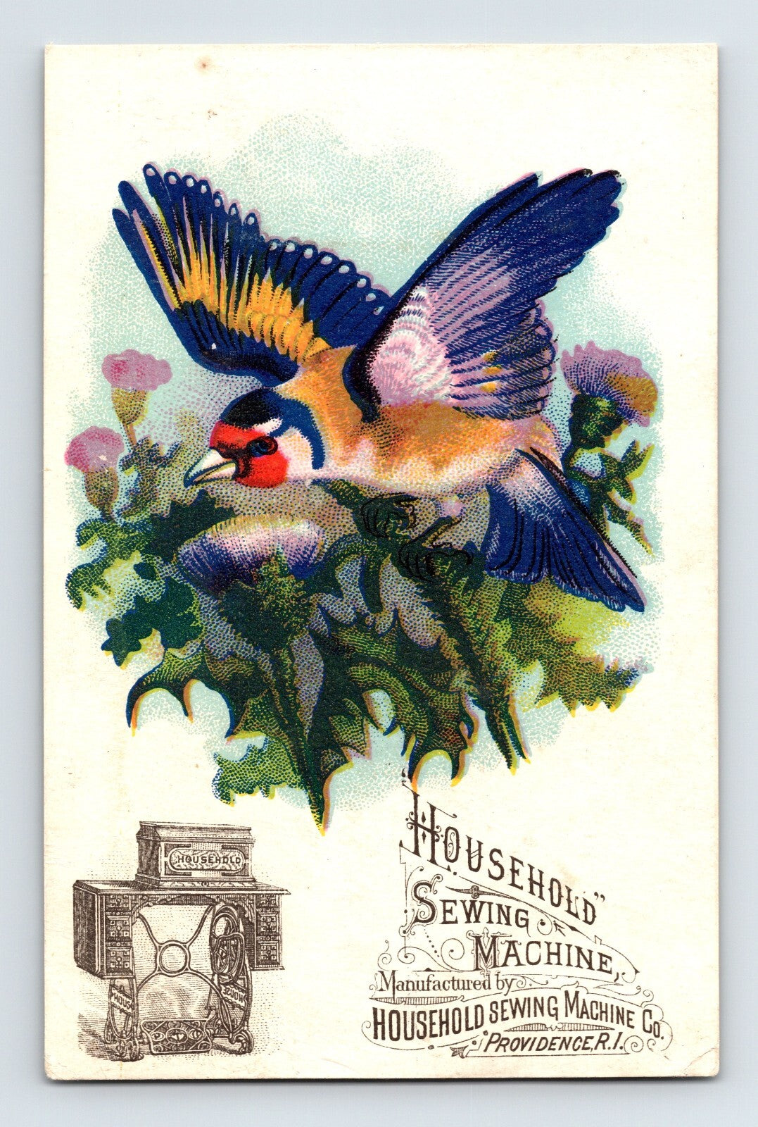 Household Sewing Machine goldfinch bird Victorian trade card Providence Rhode Island 1890s