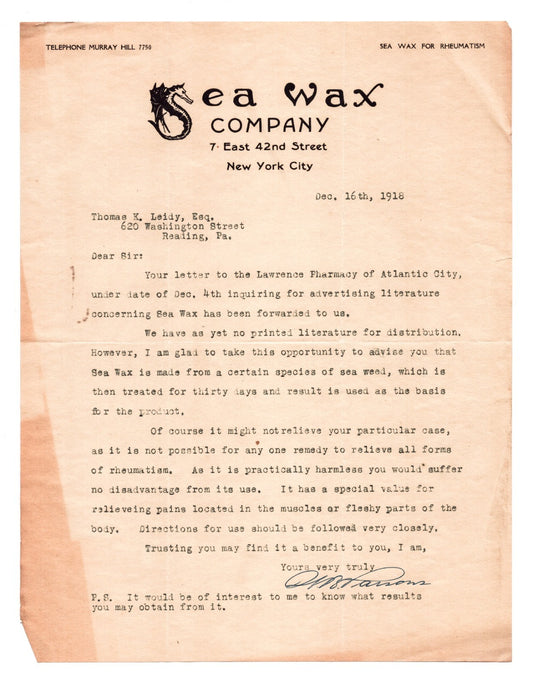 Sea Wax Company New York letterhead 1918 rheumatism remedy correspondence seahorse logo document