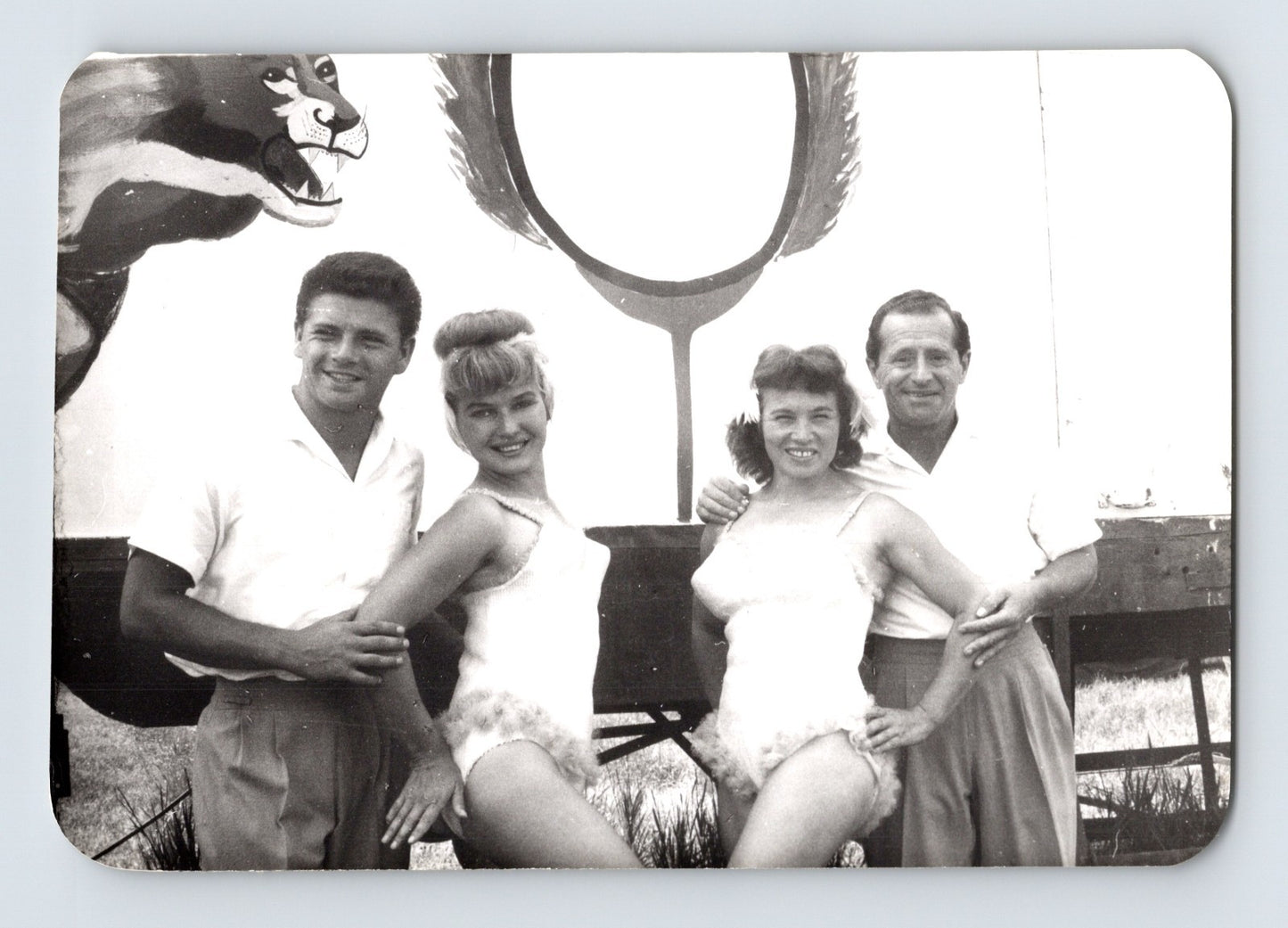 Mills Bros Circus 1962 showgirls and performers posing beside circus ring prop backstage photograph