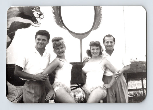 Mills Bros Circus 1962 showgirls and performers posing beside circus ring prop backstage photograph