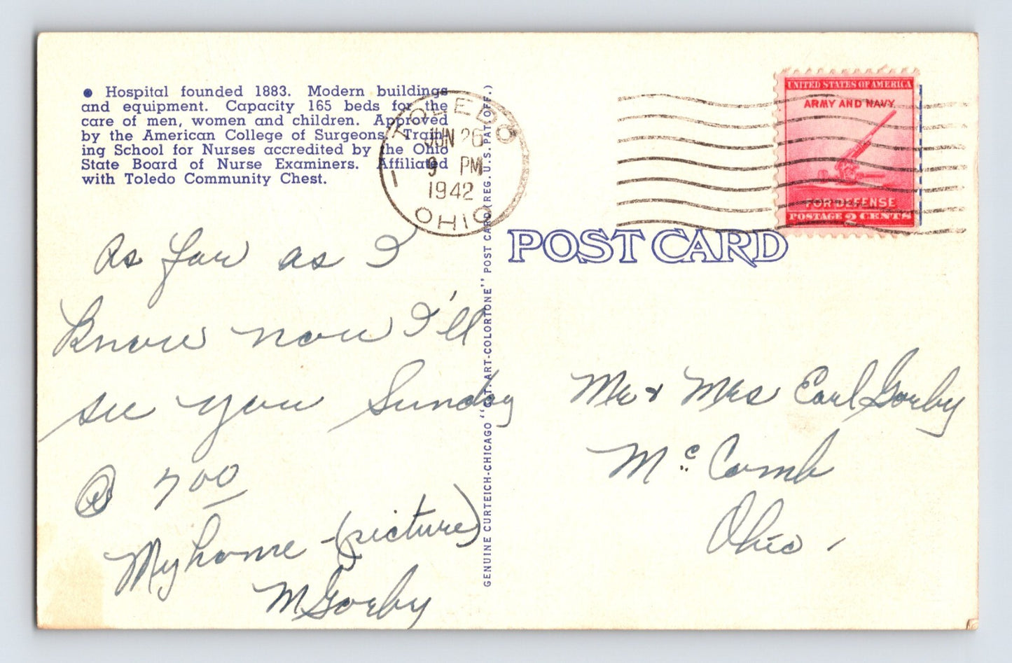 Toledo Ohio Women’s and Children’s Hospital 1942 Postcard Linen Posted