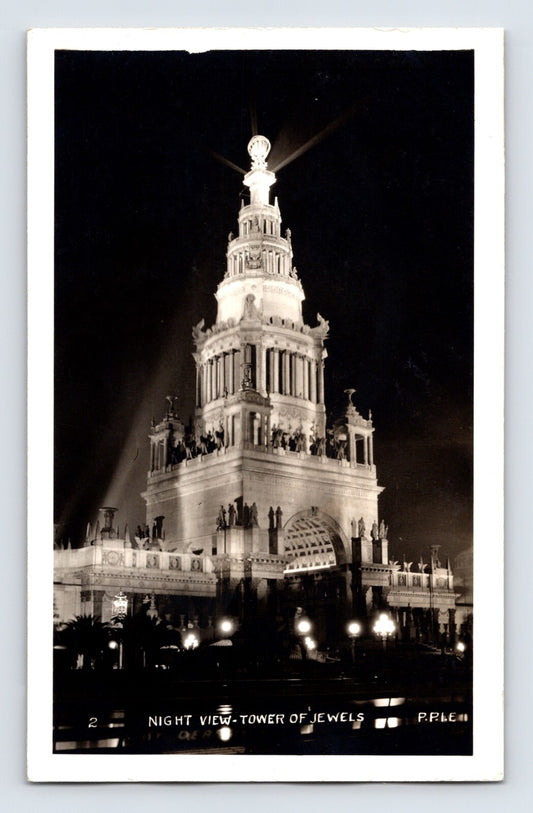 San Francisco Tower of Jewels night illumination Panama Pacific Expo 1915 RPPC