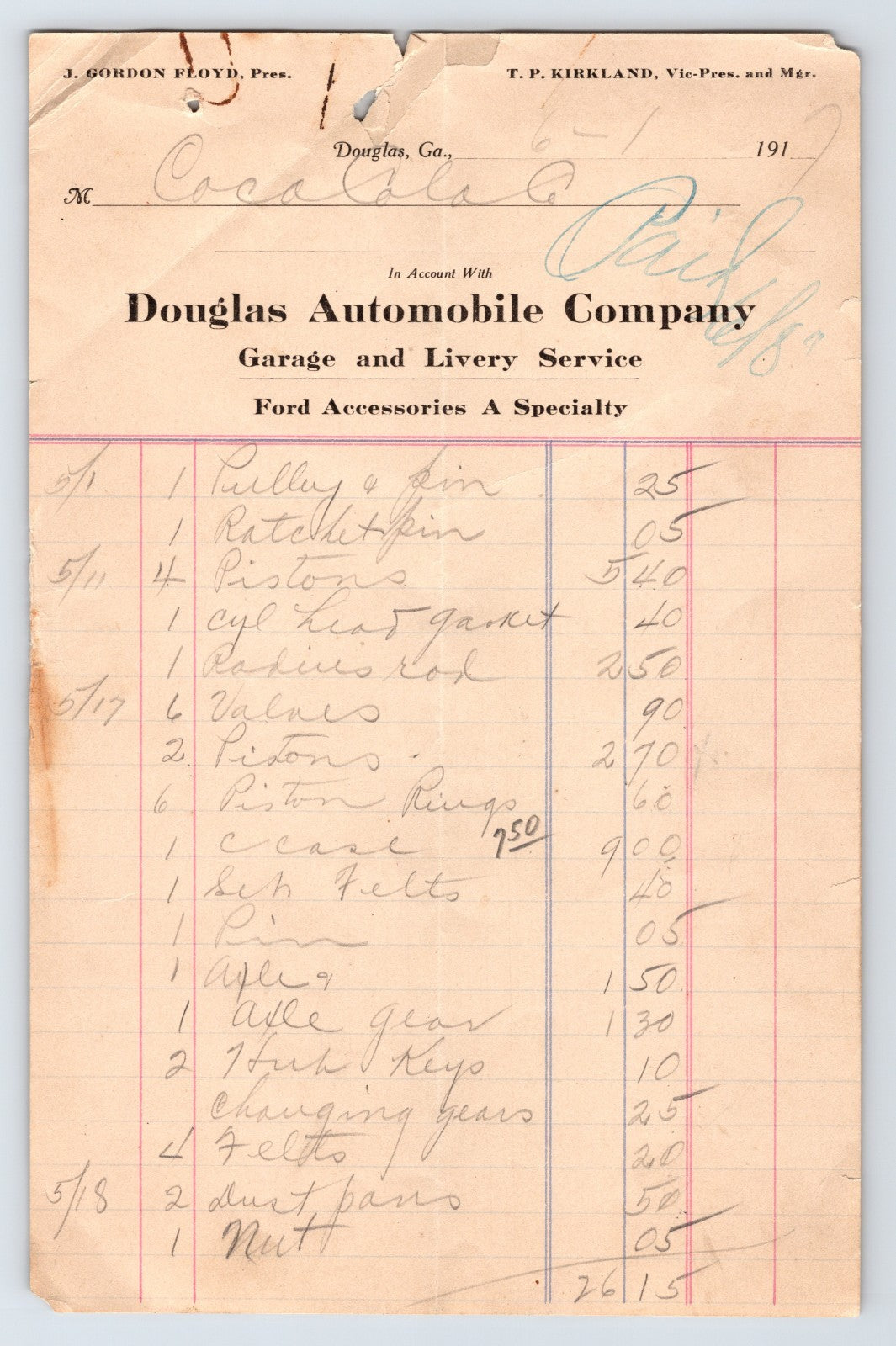 Douglas Georgia Douglas Automobile Company garage livery billhead handwritten parts list 1910s document