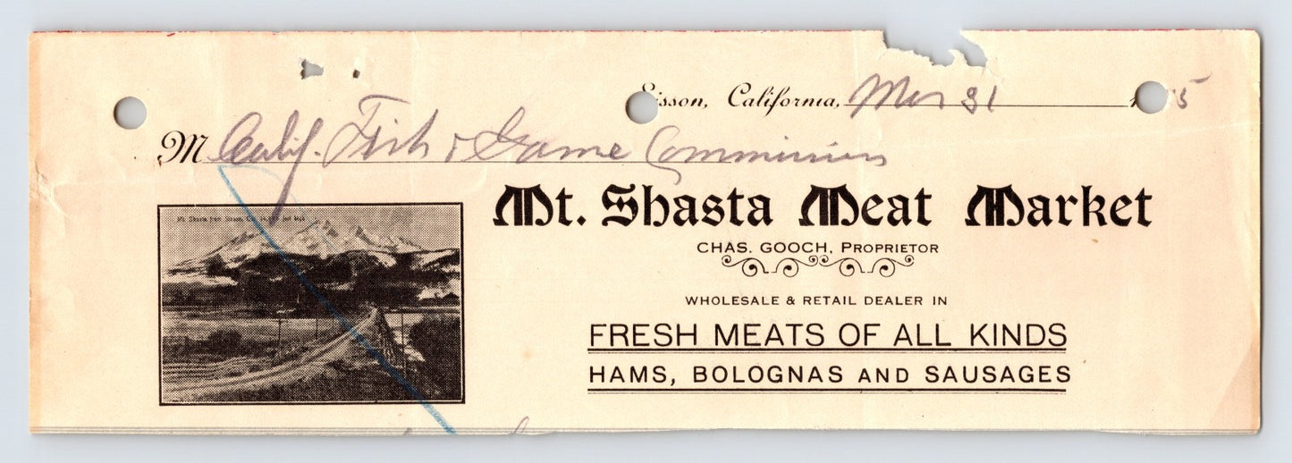 Sisson California Mount Shasta Meat Market 1881 billhead fresh meats invoice document