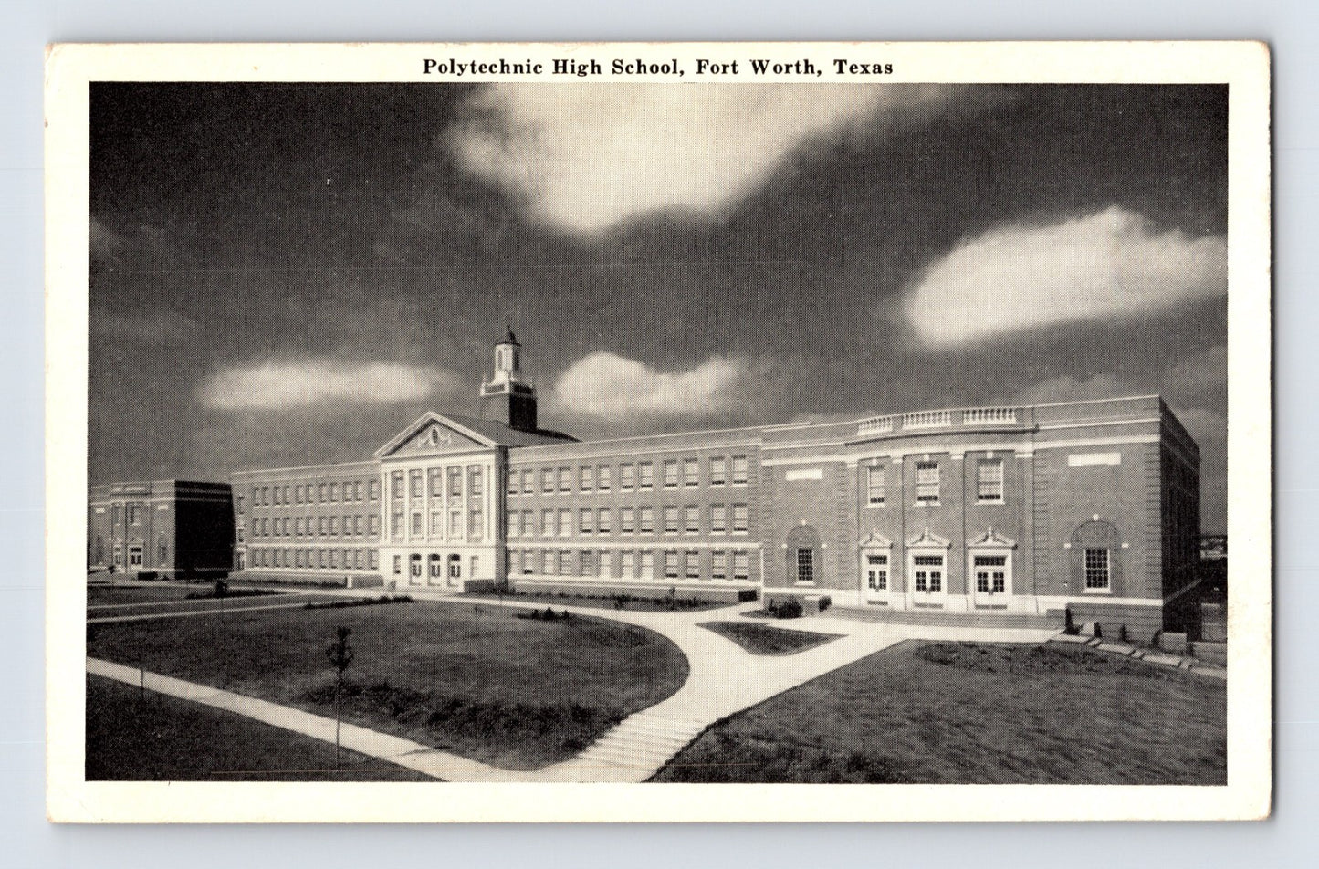 Fort Worth Texas Polytechnic High School 1940s black and white chrome postcard front view campus building