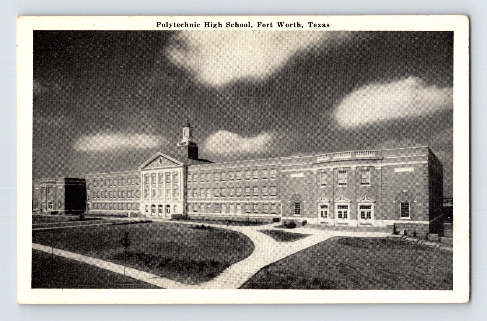 Fort Worth Texas Polytechnic High School 1940s black and white chrome postcard front view campus building