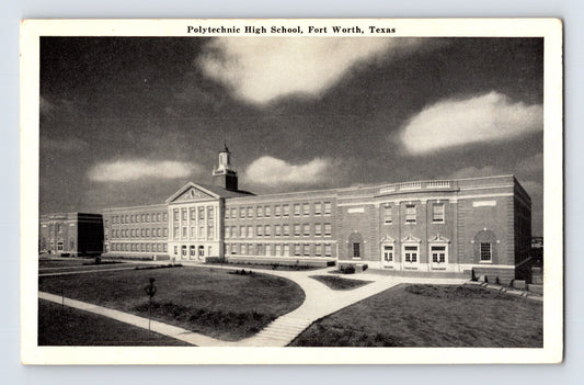 Fort Worth Texas Polytechnic High School 1940s black and white chrome postcard front view campus building