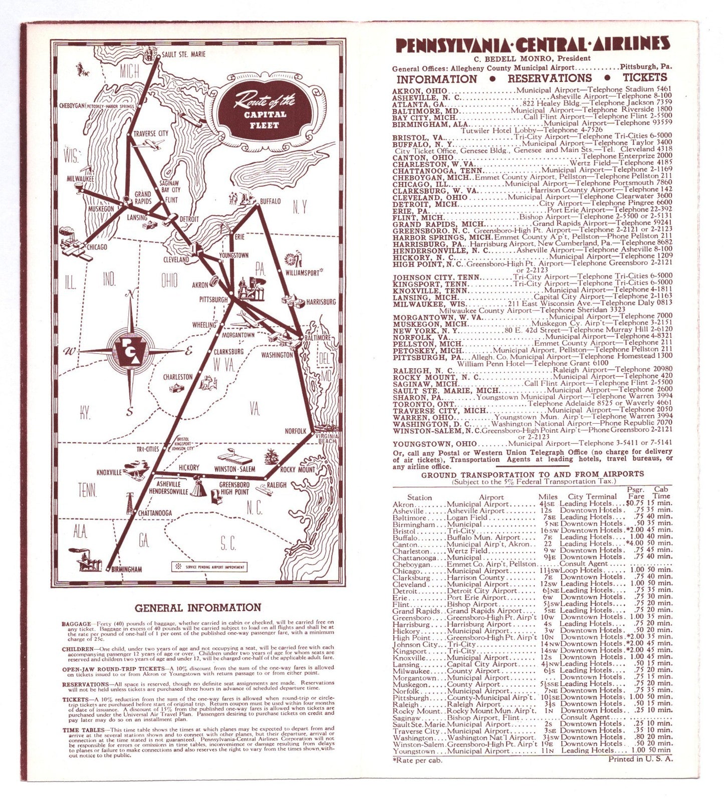 Pennsylvania Central Airlines 1941 WW2 System Time Table Brochure Vintage