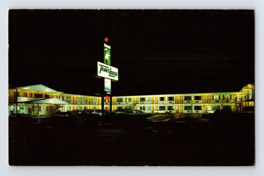 Yakima Washington Travelodge motel night neon sign 1960s chrome postcard exterior