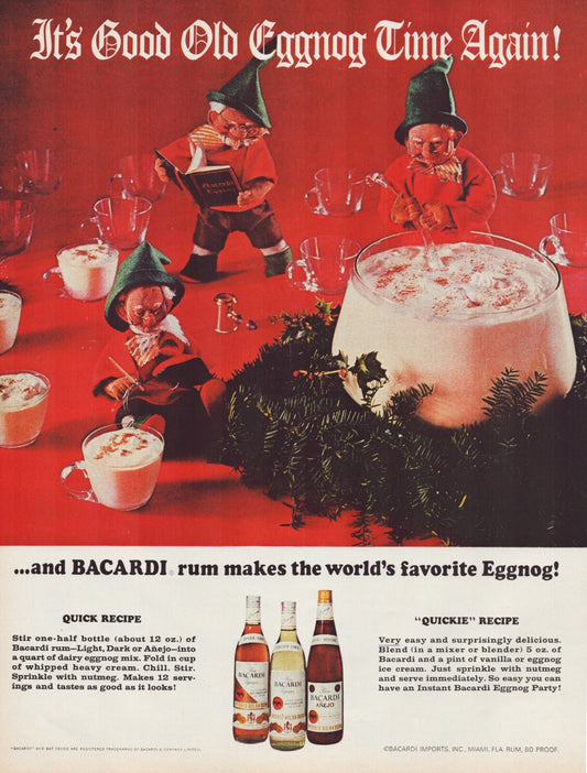 Bacardi rum eggnog Christmas ad elves bowl holiday 1968 print advertisement