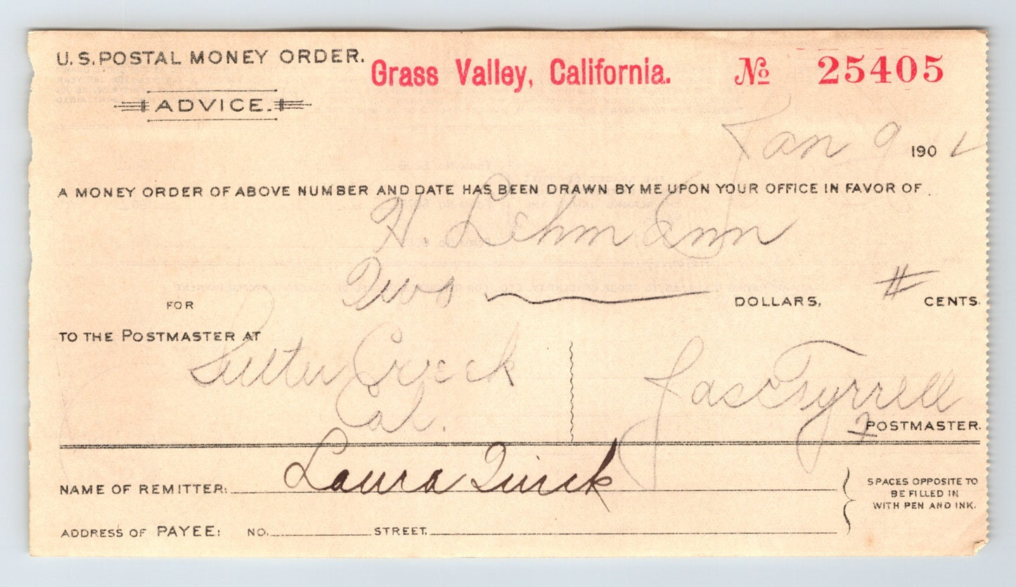 Grass Valley California 1904 postal money order advice Sutter Creek handwritten financial document
