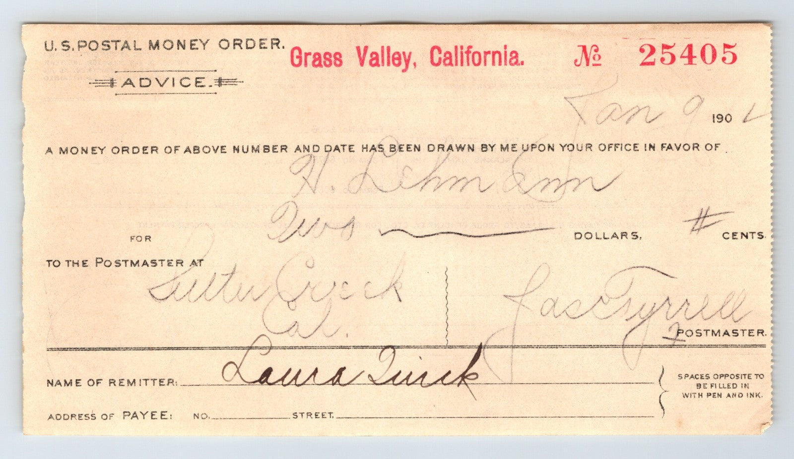 Grass Valley California 1904 postal money order advice Sutter Creek handwritten financial document