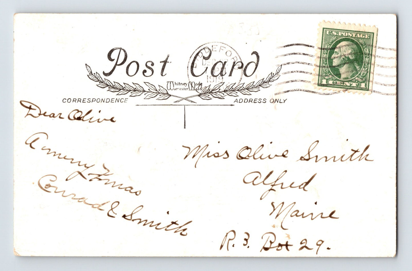 Christmas Santa Guard Dog 1919 Postcard Posted Biddeford Maine
