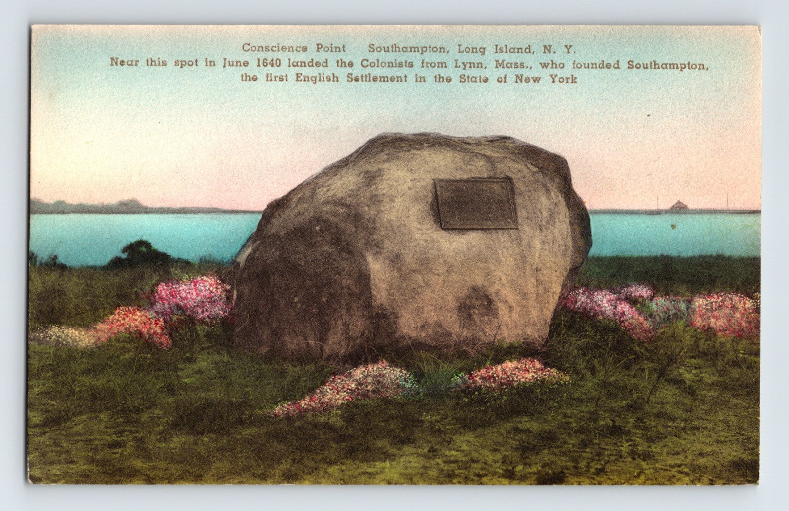 Southampton Long Island New York Conscience Point rock historical marker albertype postcard 1930s