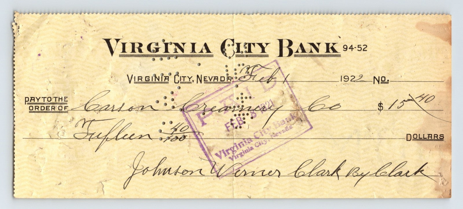 Virginia City Nevada Virginia City Bank money order check payable to Carson Creamery Company 1922 financial document with bank stamp and endorsement marks
