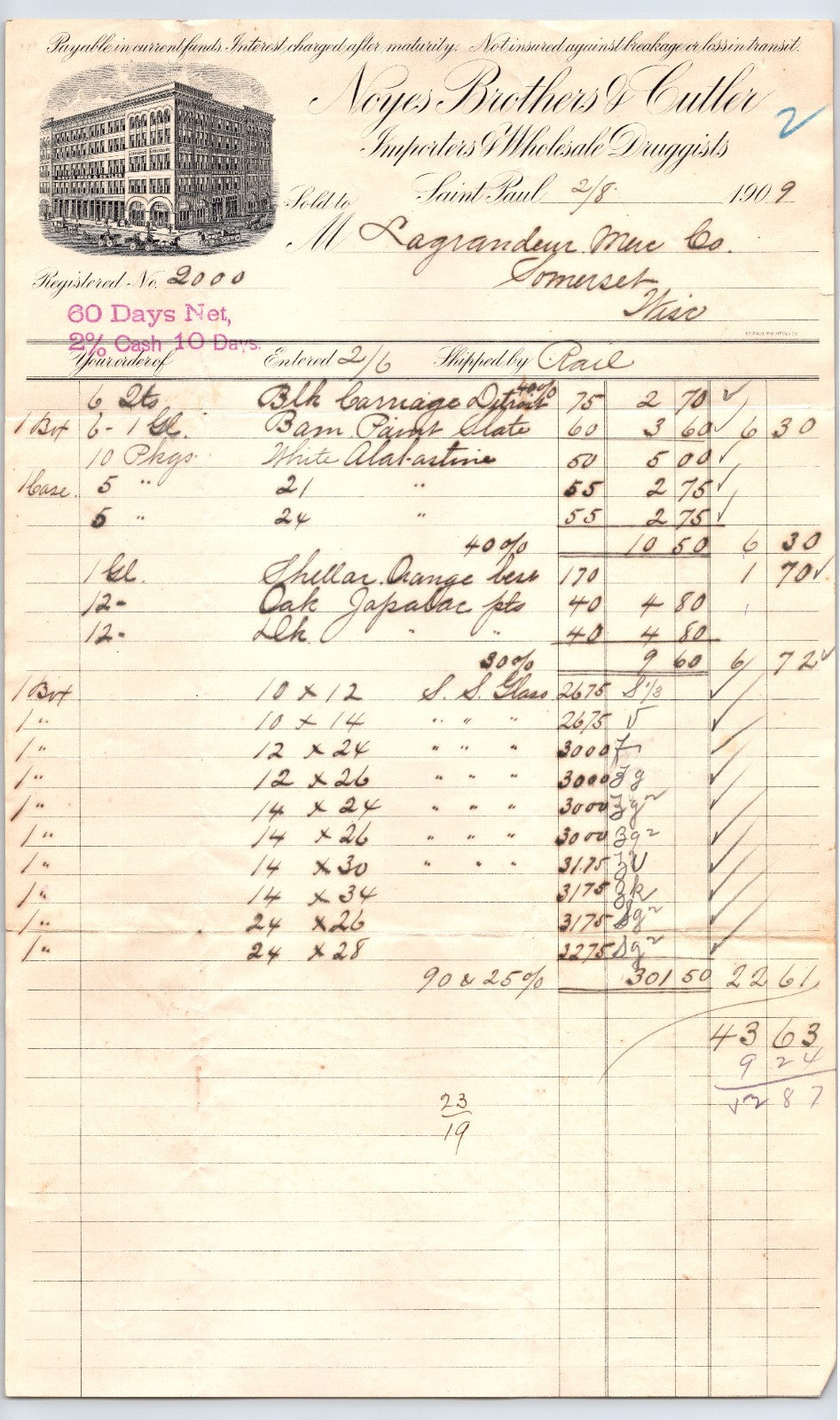 Saint Paul Minnesota 1909 Noyes Brothers wholesale druggists billhead long format ledger invoice