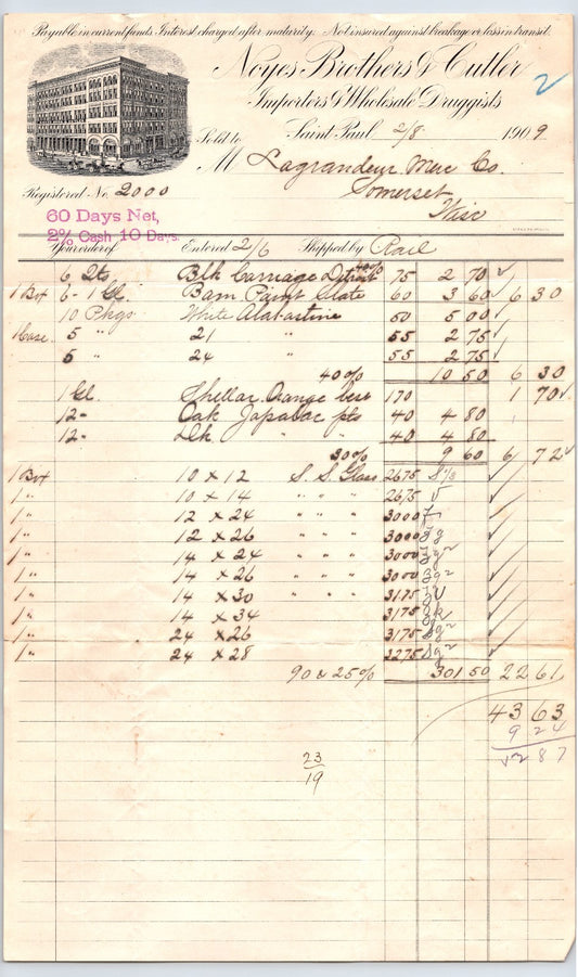 Saint Paul Minnesota 1909 Noyes Brothers wholesale druggists billhead long format ledger invoice