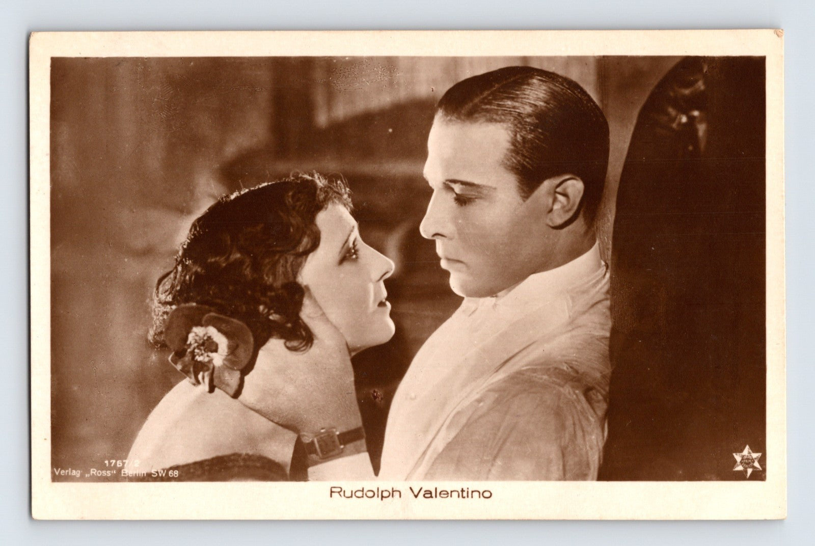 Rudolph Valentino romantic film still close up 1930s RPPC postcard