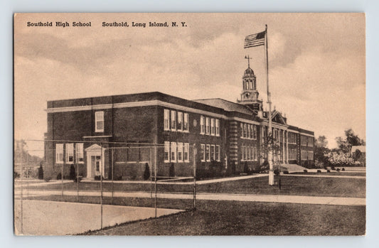Southold High School Long Island New York brick school building flagpole postcard