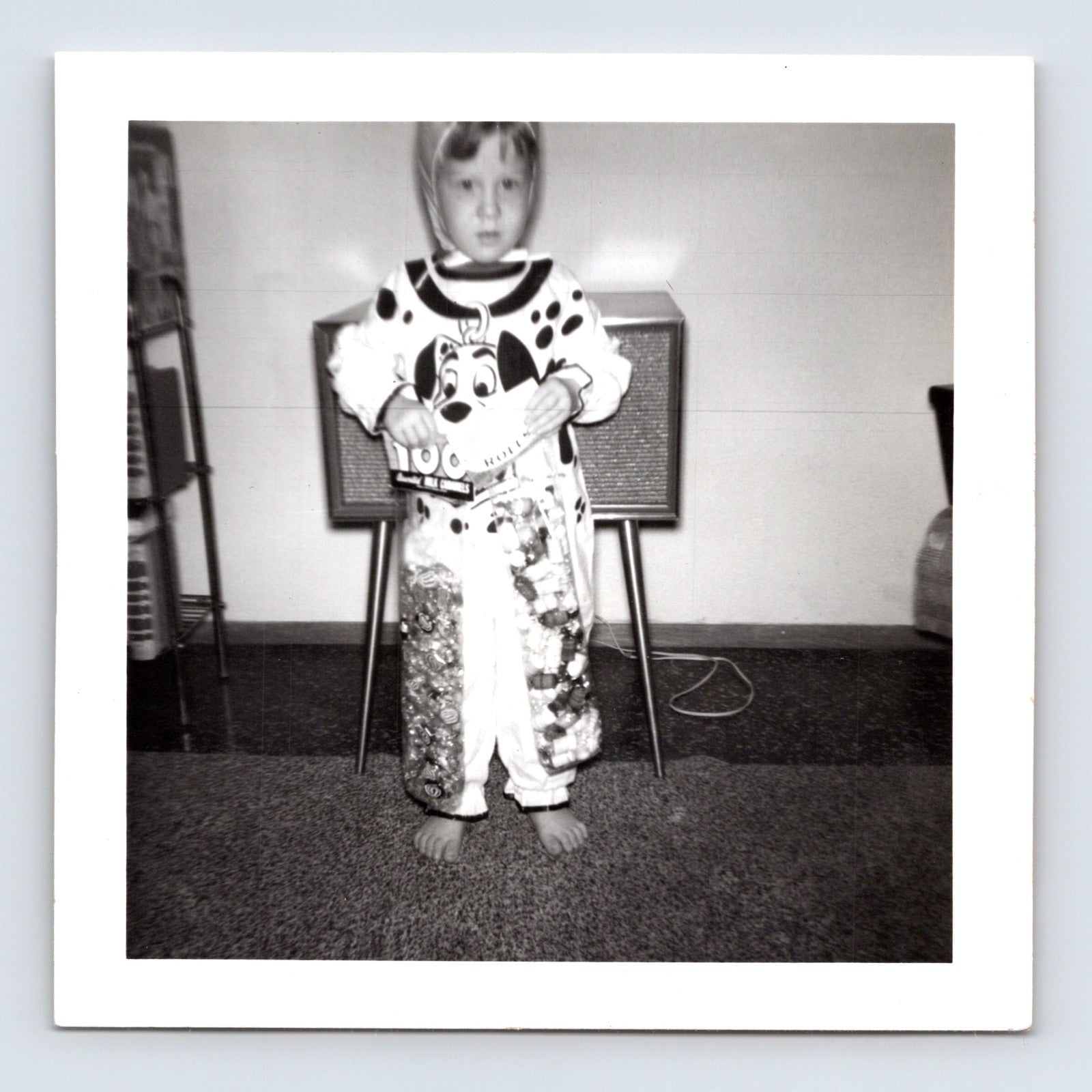 Child Dalmatian dog costume Halloween candy pajamas television living room snapshot mid century