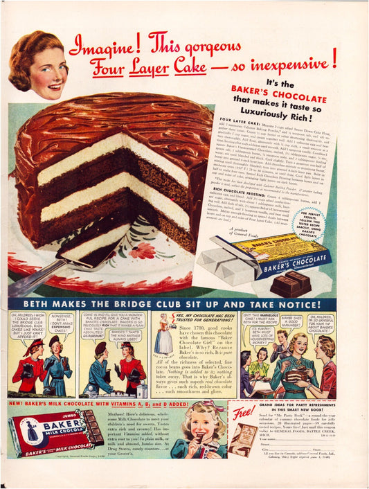 Bakers Chocolate 1939 layer cake print ad four layer cake illustration vintage baking advertisement magazine page