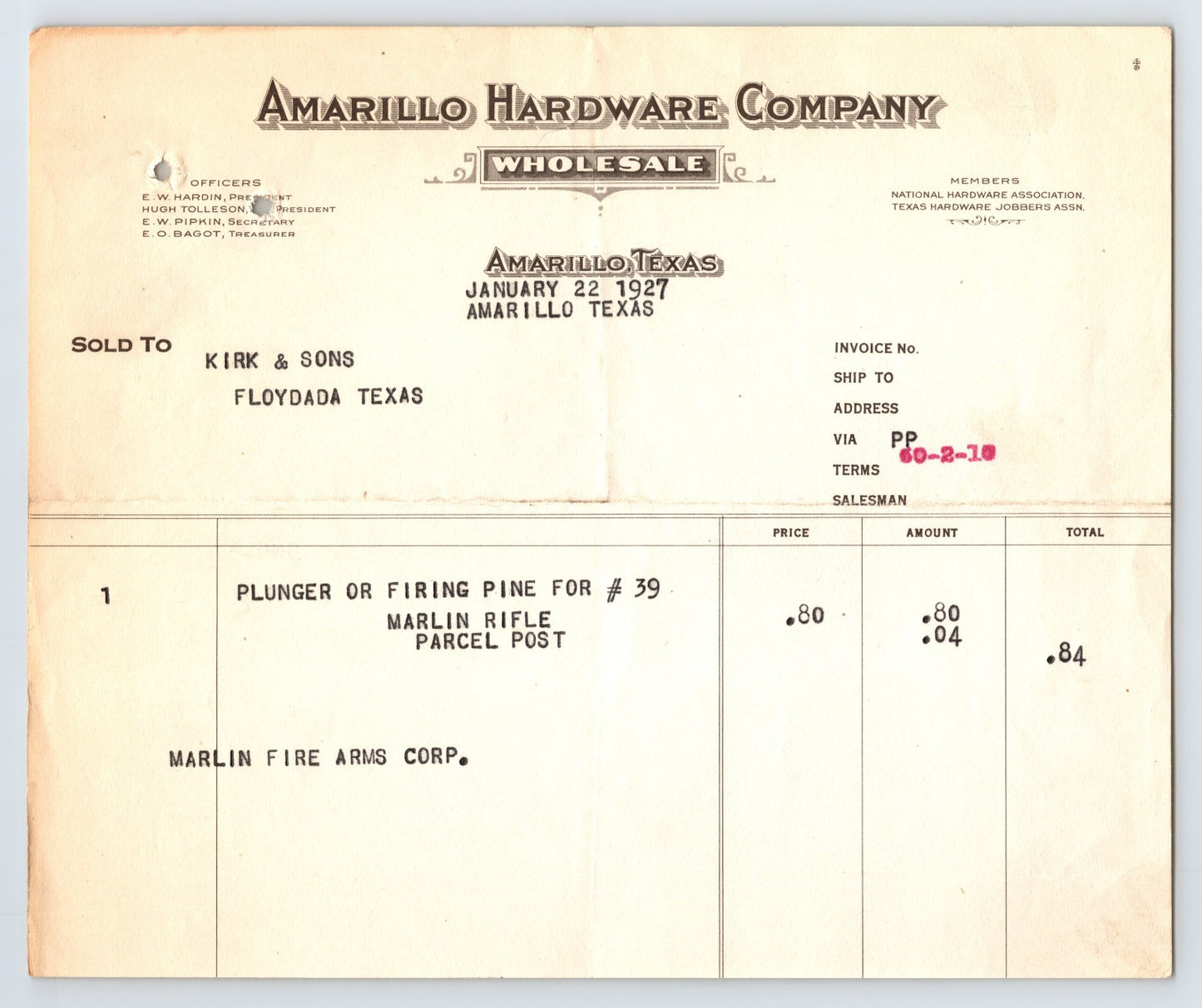 Amarillo Texas 1927 Amarillo Hardware Wholesale Invoice Plunger Firing Pin Marlin Rifle
