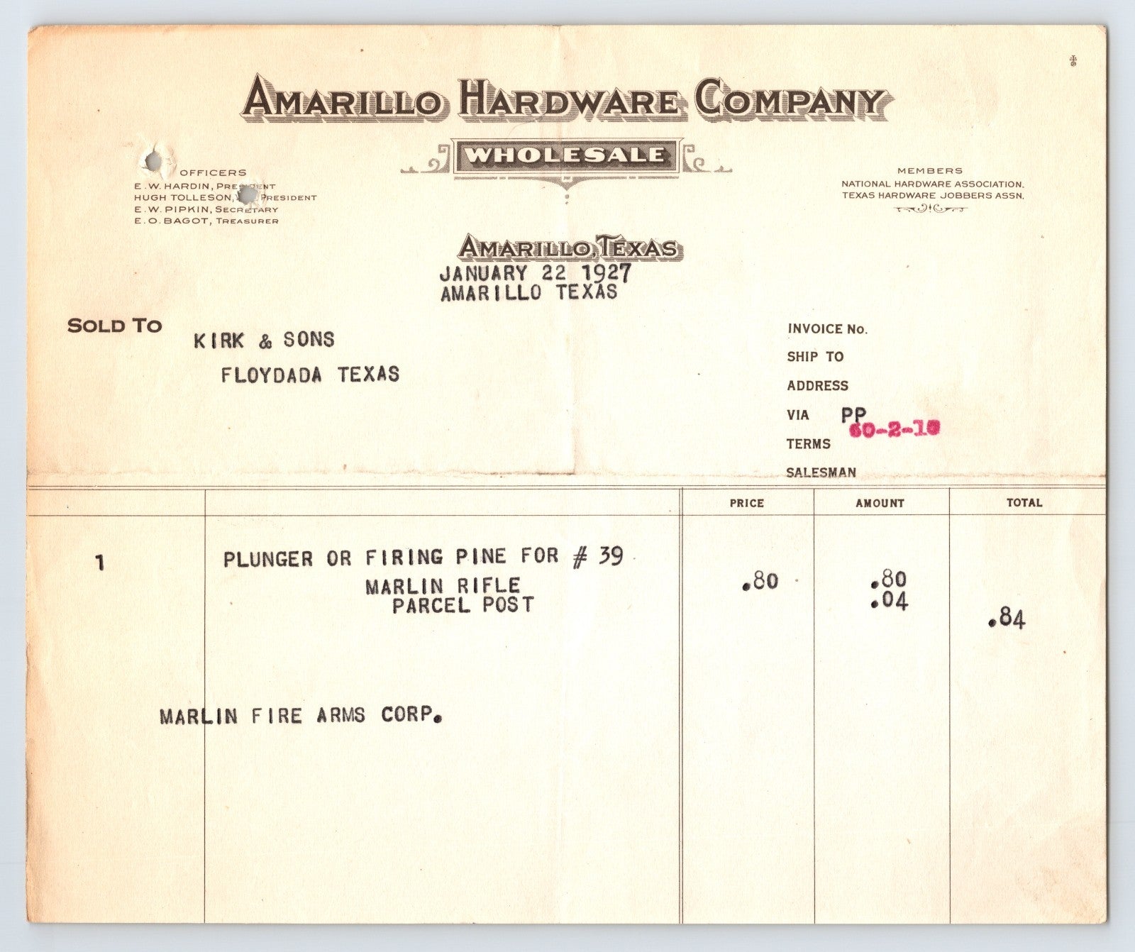 Amarillo Texas 1927 Amarillo Hardware Wholesale Invoice Plunger Firing Pin Marlin Rifle
