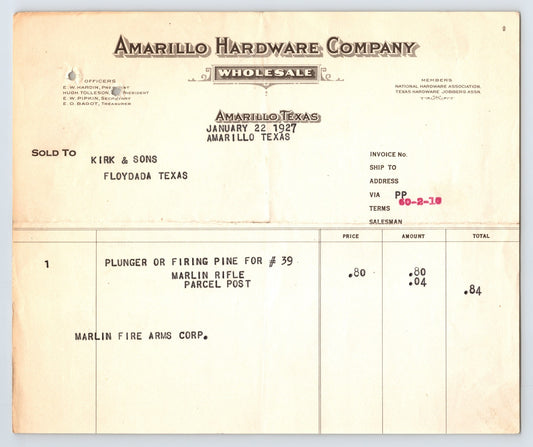 Amarillo Texas 1927 Amarillo Hardware Wholesale Invoice Plunger Firing Pin Marlin Rifle