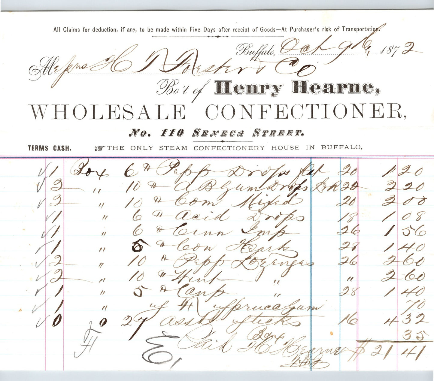Buffalo New York Henry Hearne wholesale confectioner billhead 1872 listing candy and confectionery items handwritten invoice