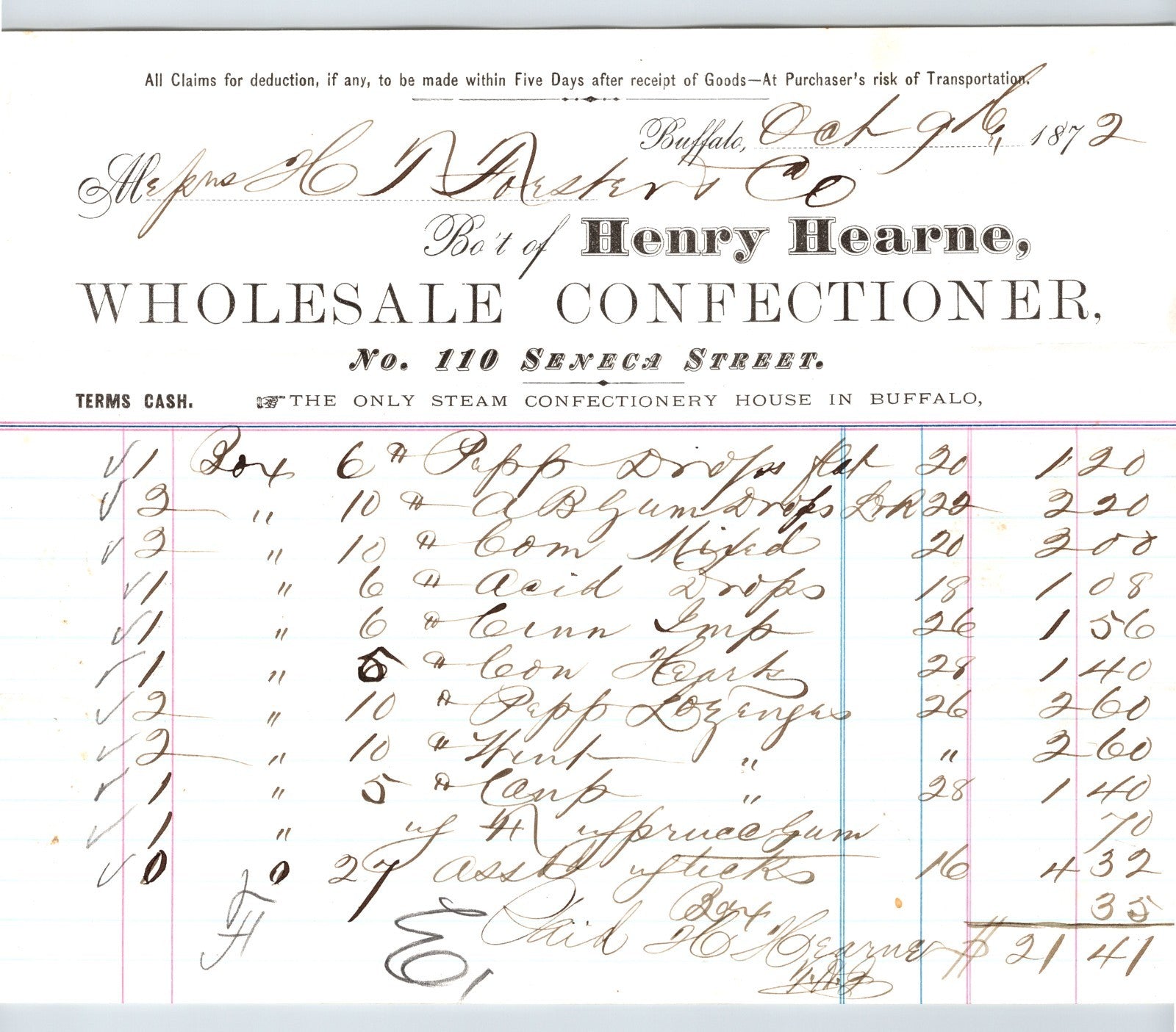 Buffalo New York Henry Hearne wholesale confectioner billhead 1872 listing candy and confectionery items handwritten invoice