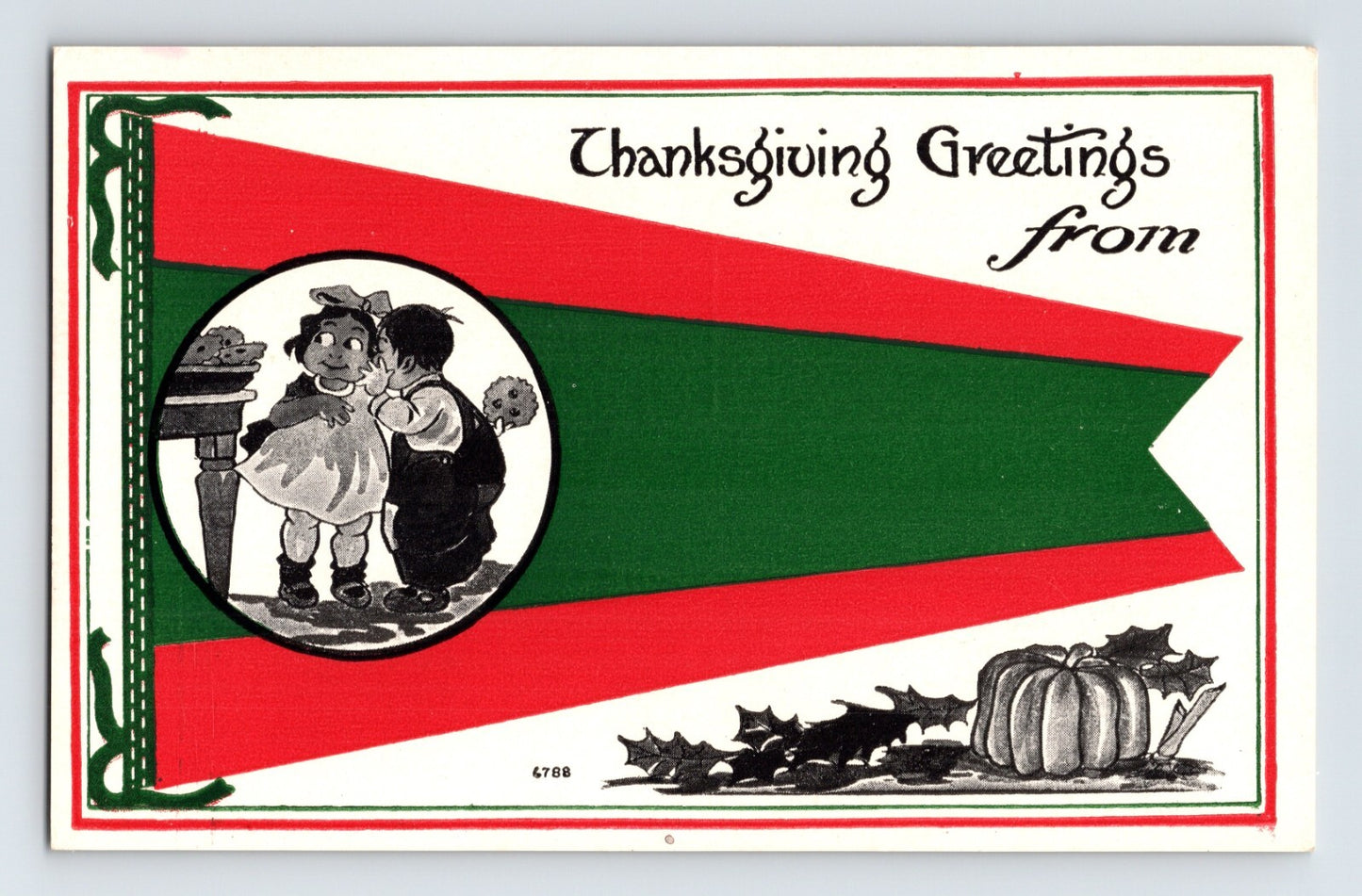 1920s Thanksgiving greeting postcard with red and green pennant design children sharing cookie pumpkin and holly illustration