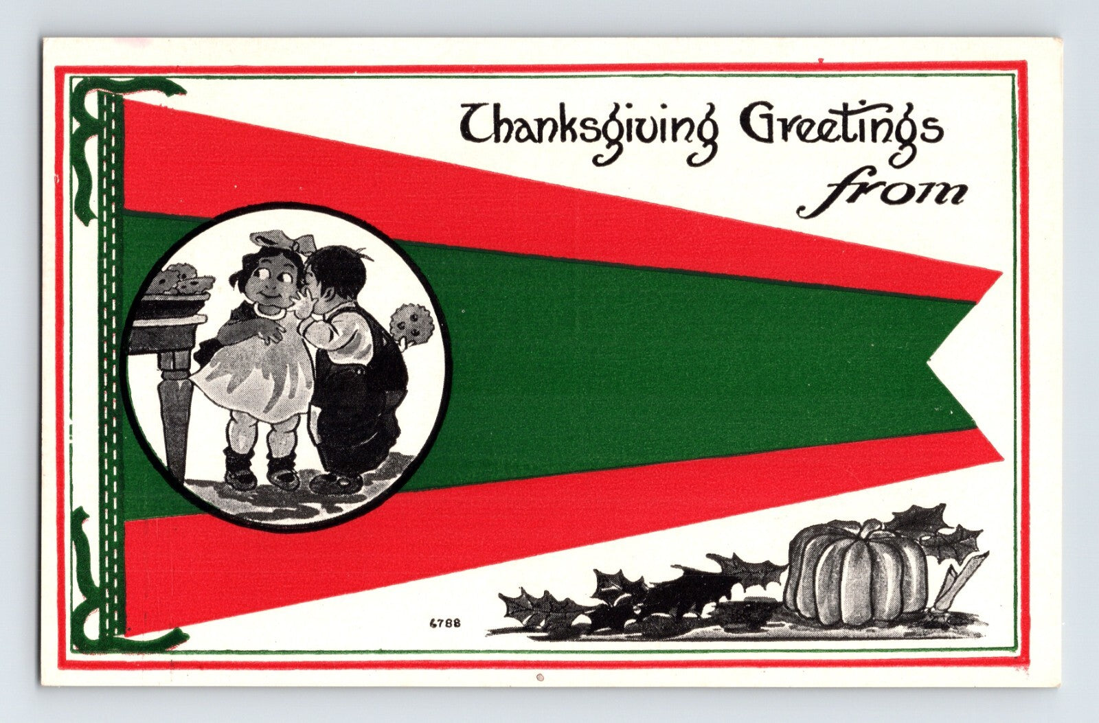 1920s Thanksgiving greeting postcard with red and green pennant design children sharing cookie pumpkin and holly illustration