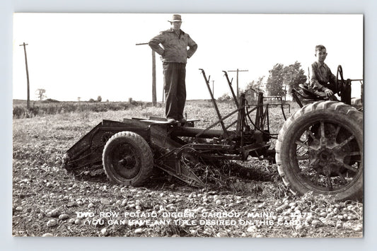 Caribou Maine potato digger tractor two men farming equipment field 1950s RPPC postcard