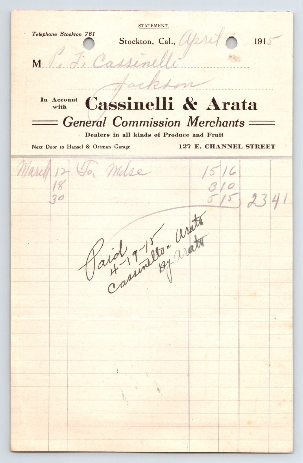 Stockton California 1915 Cassinelli Arata Produce Merchants Billhead 8 x 5.5
