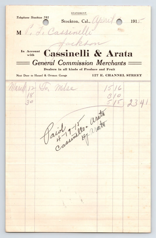 Stockton California 1915 Cassinelli Arata Produce Merchants Billhead 8 x 5.5