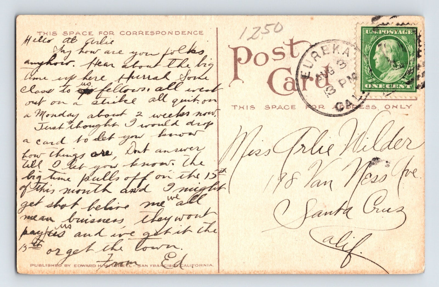 Eureka California Elks Lodge BOPE 1910s Postcard Divided Back Posted