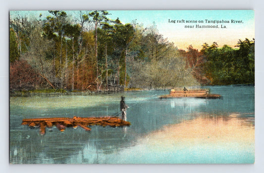 Hammond Louisiana Tangipahoa River log raft scene lumber workers floating timber 1910s postcard