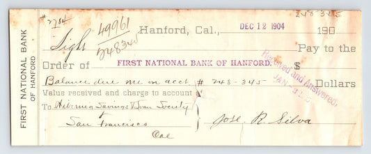 Hanford California First National Bank 1904 money order check handwritten financial document