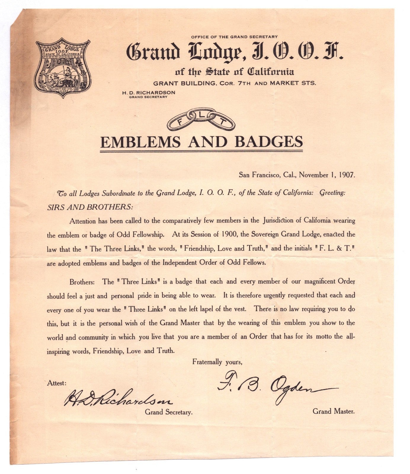 San Francisco California Odd Fellows Grand Lodge 1907 letterhead document with emblem badges text and signatures