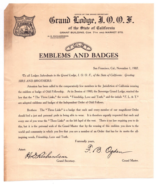 San Francisco California Odd Fellows Grand Lodge 1907 letterhead document with emblem badges text and signatures