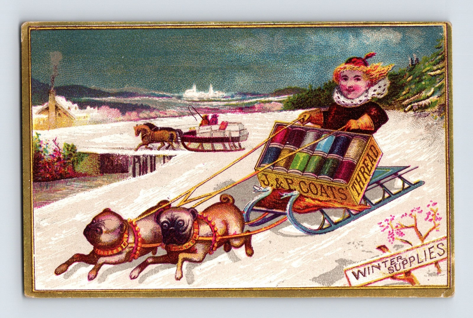 J and P Coats winter sled pug dogs thread advertising 1890s trade card