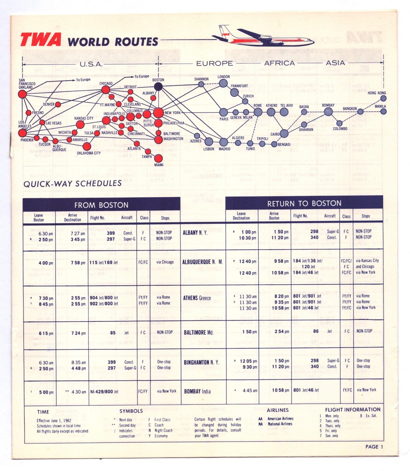Trans World Airlines TWA 1962 Boston Quick Way System Time Table Booklet