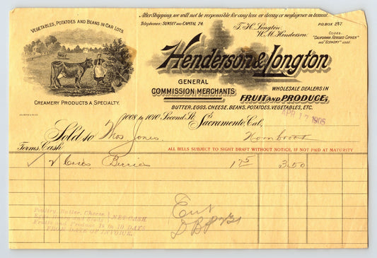 Sacramento California Henderson Longton Creamery Commission Merchants 1905 Billhead